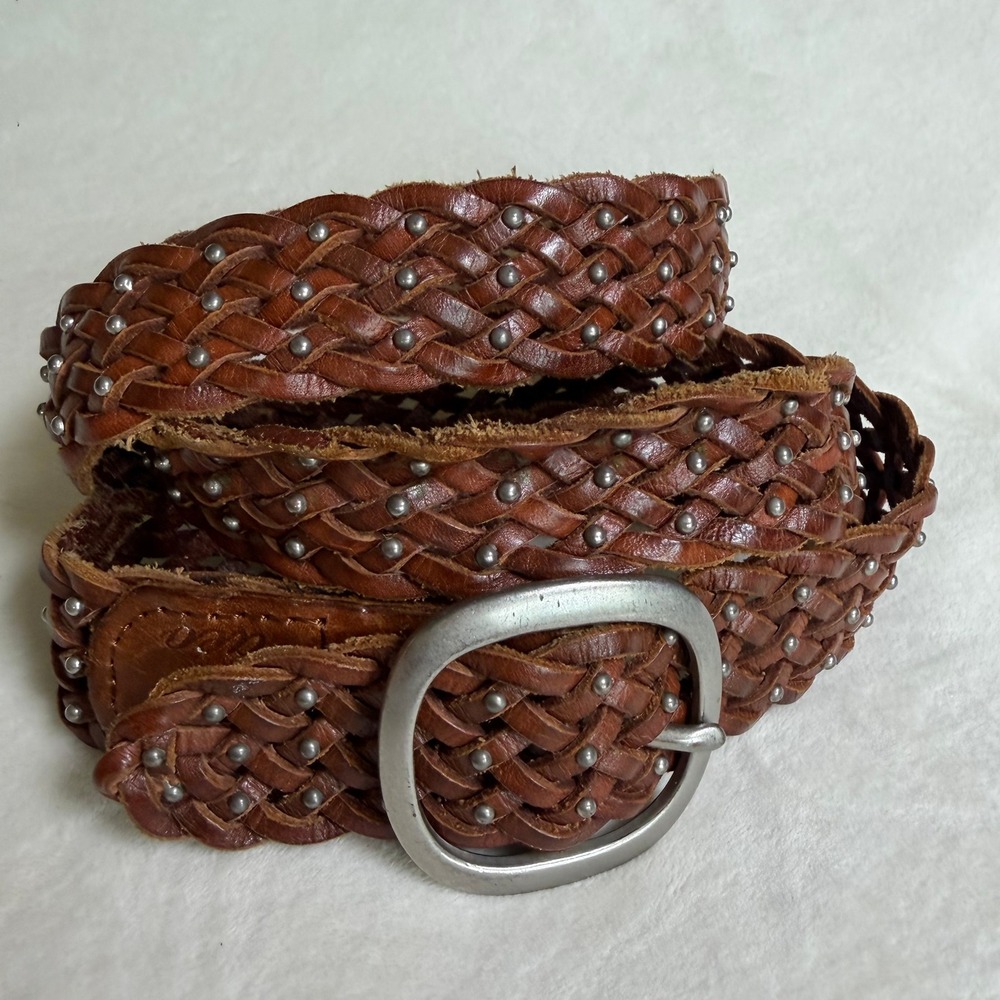 American Eagle Braided Leather Belt Womens S/M Brown Studded Woven Boho Buckle
